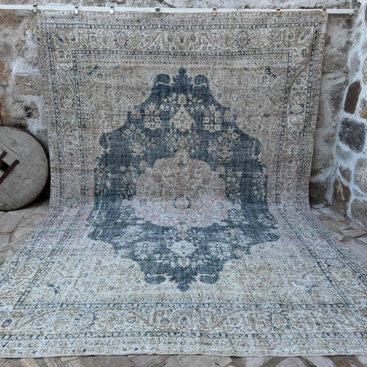 Blue 10' x 13' turkish large rug with medallion and neutral design, handmade in Turkey – Floyd.