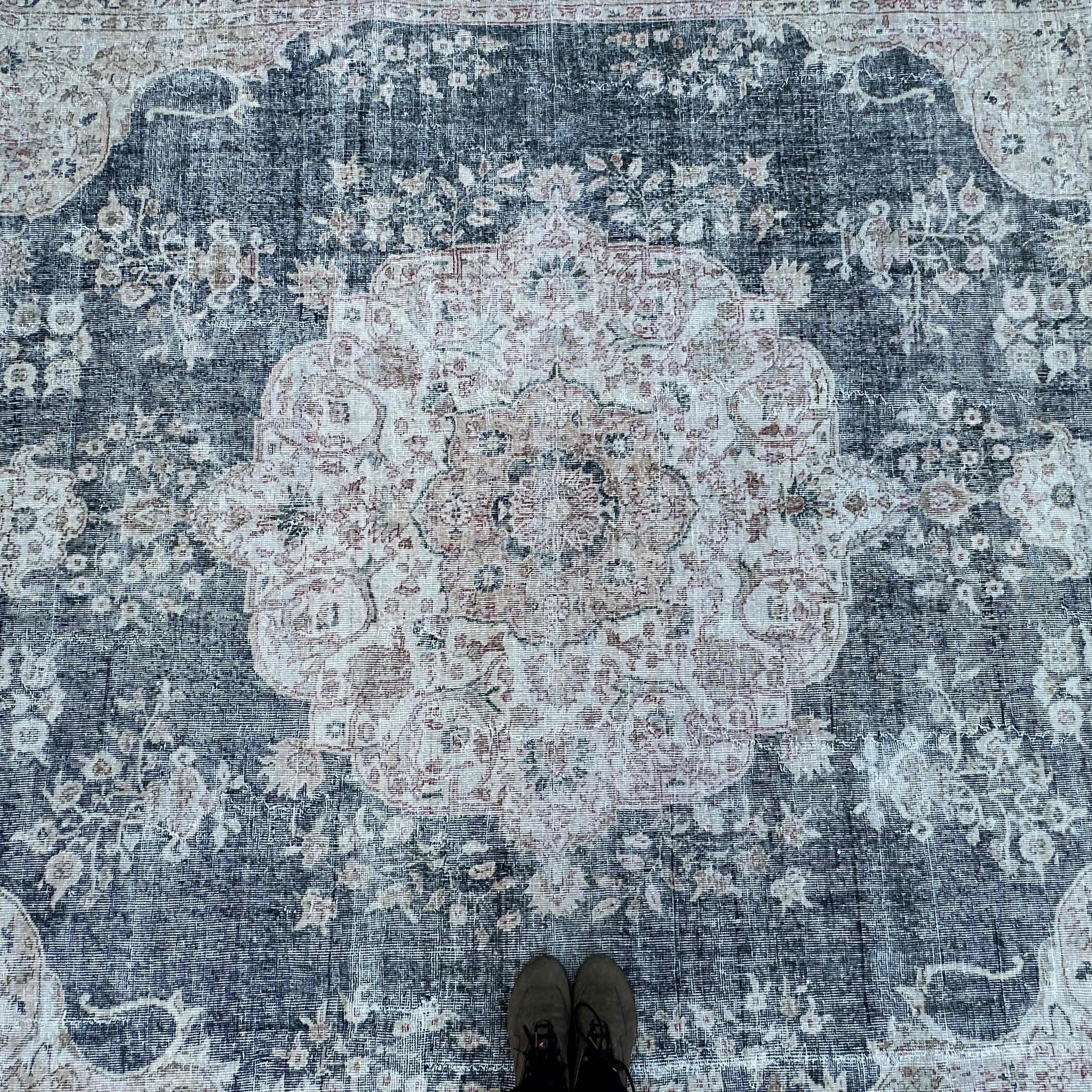 1970s blue turkish large rug with medallion and neutral design, hand-knotted weave and low pile.