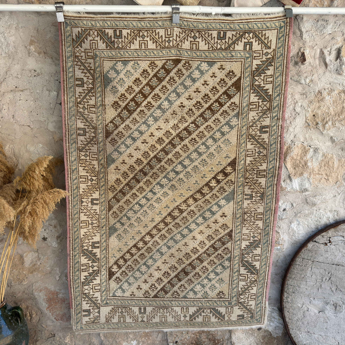 Pale Blue 4' x 5' turkish rug with striped design, handmade in Turkey – Bliss.