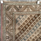 1970s pale blue turkish rug with striped design, hand-knotted weave and low pile.