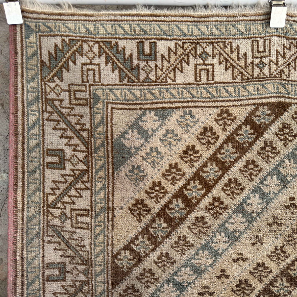 1970s pale blue turkish rug with striped design, hand-knotted weave and low pile.