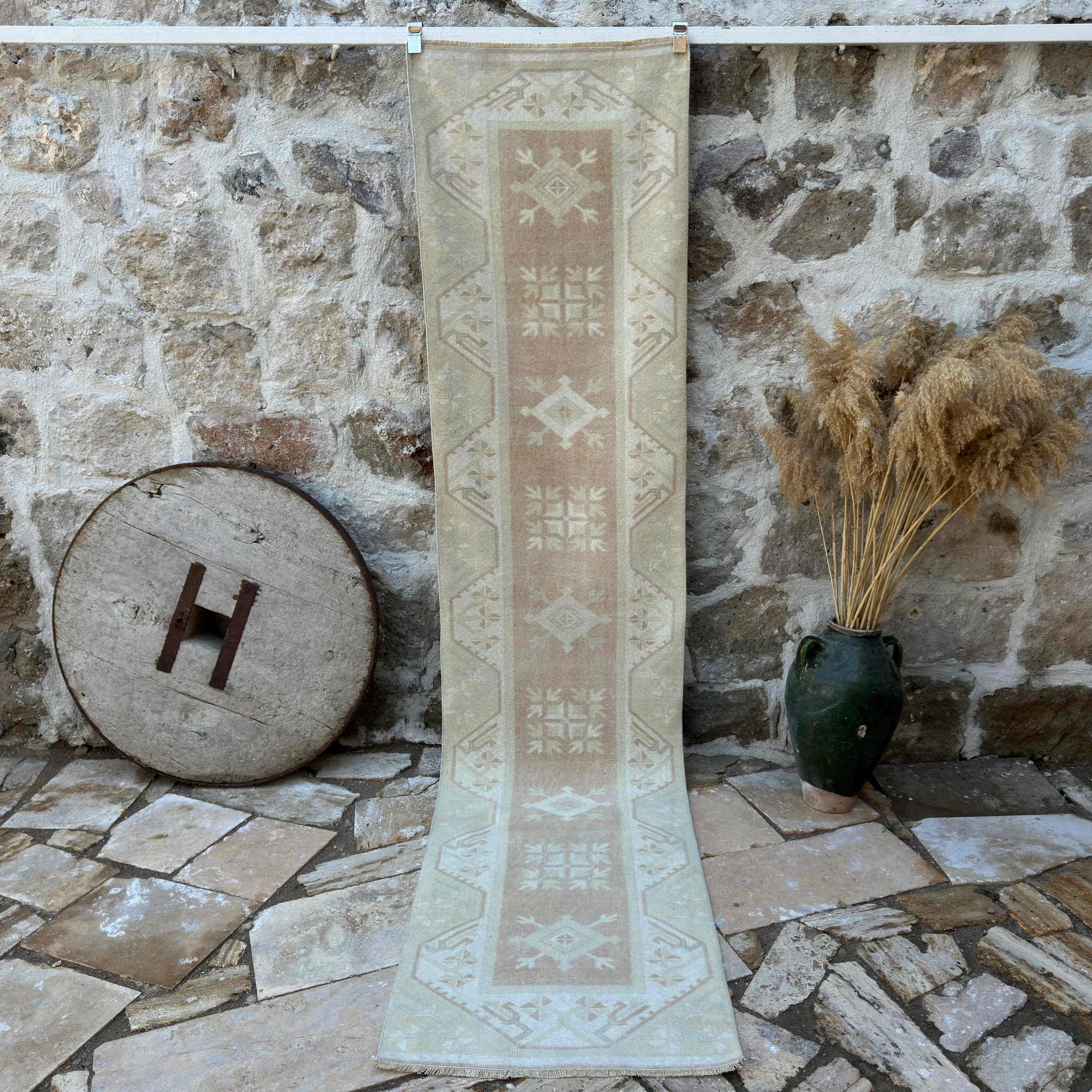 Beige 2' x 10' turkish runner rug with neutral design, handmade in Turkey – Louis.