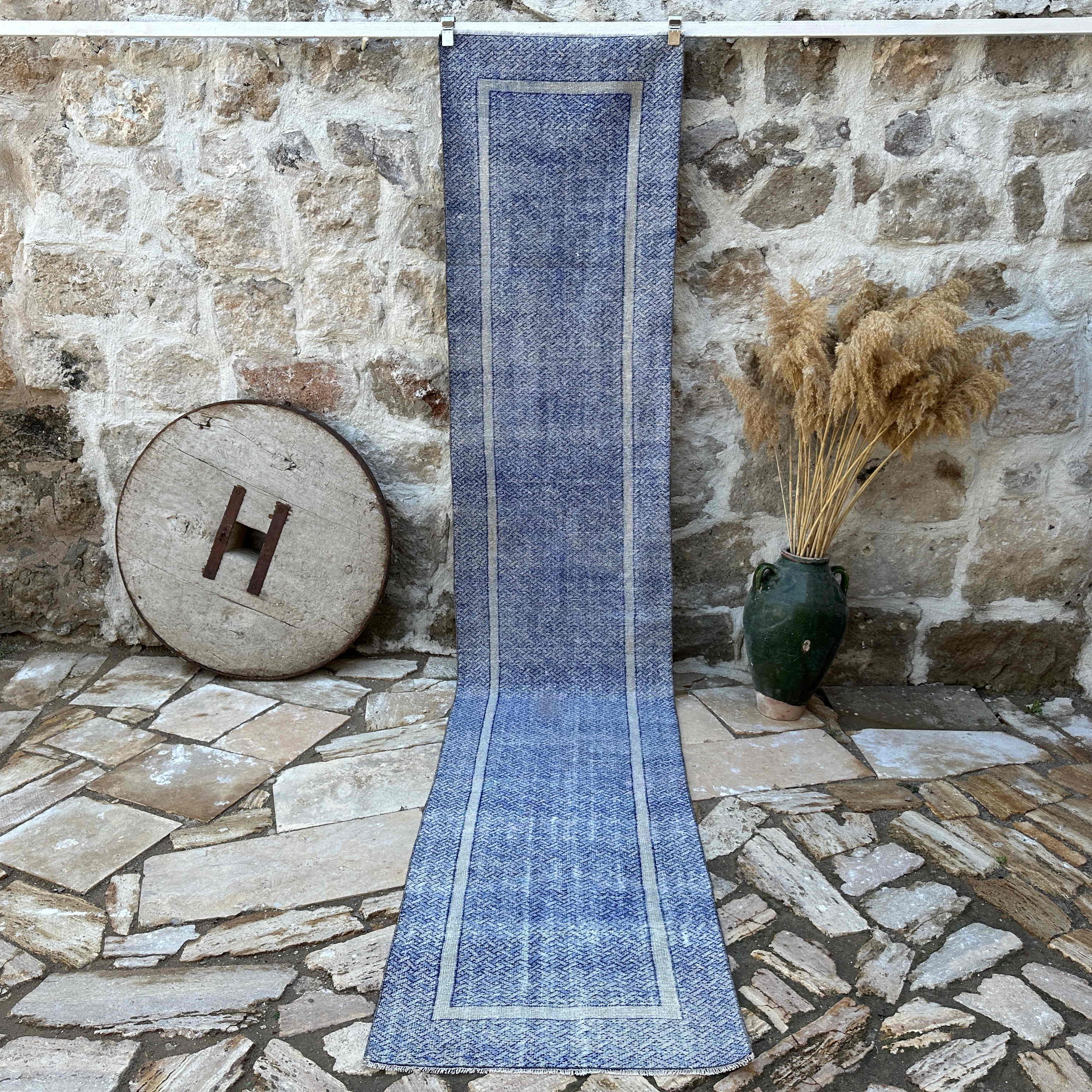 Blue 2' x 12' turkish runner rug with traditional design, handmade in Turkey – Leja.