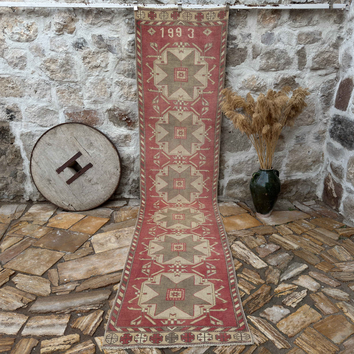 Pale Red 3' x 13' turkish runner rug with medallion design, handmade in Turkey – Berold.