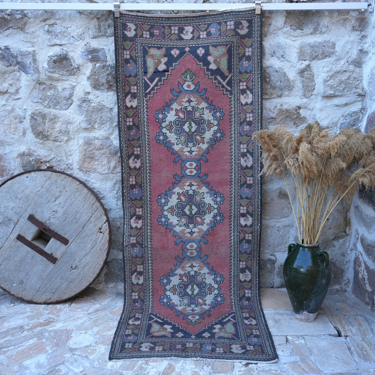 Red 3' x 9' turkish runner rug with traditional design, handmade in Turkey – Jess.
