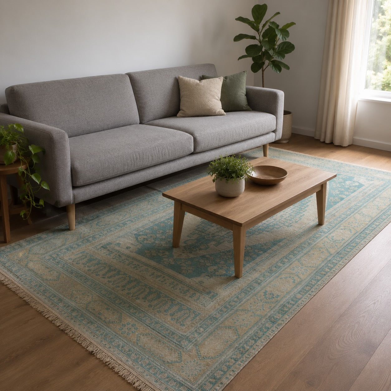Turquoise and cream vintage medallion rug paired with a gray sofa in a calm, plant-filled living room