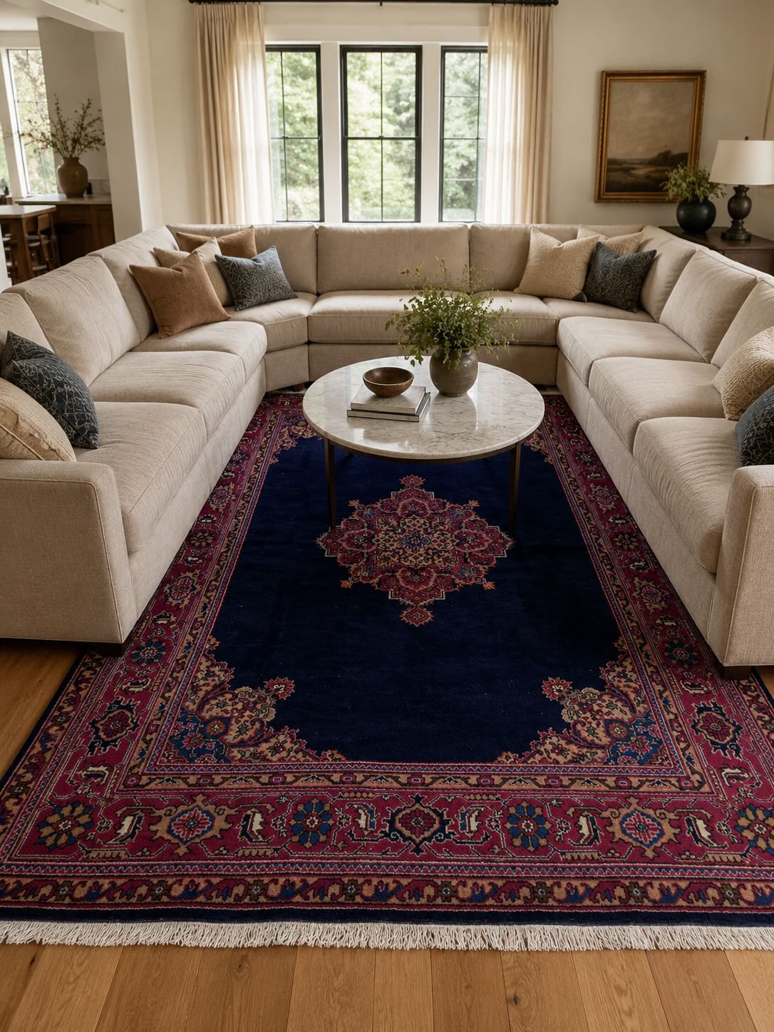 Large vintage Turkish rug with navy and red medallion pattern correctly placed under a U-shaped sectional sofa, front legs of all three sections resting on the rug