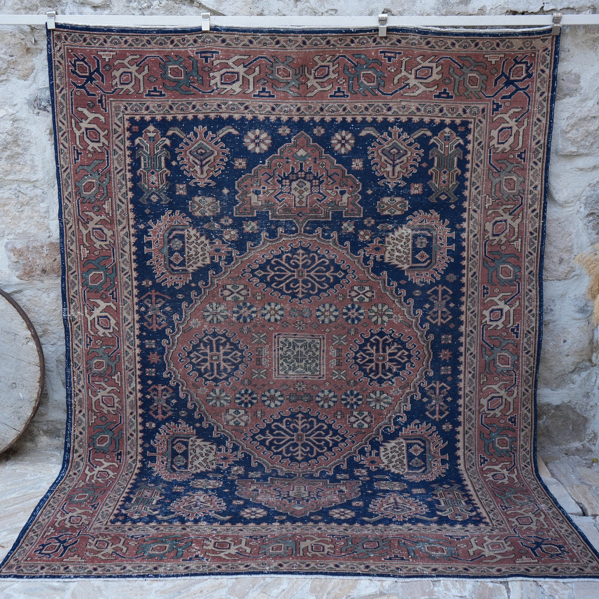 Blue 7' x 9' unique vintage oushak rug with traditional design, handmade in Turkey – Jena.