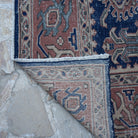 1970s blue Turkish unique vintage oushak rug with traditional design, hand-knotted weave and low pile.