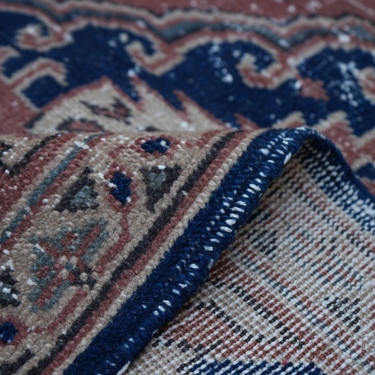 Additional view of the blue Turkish unique vintage oushak rug, hand-knotted in wool and cotton.