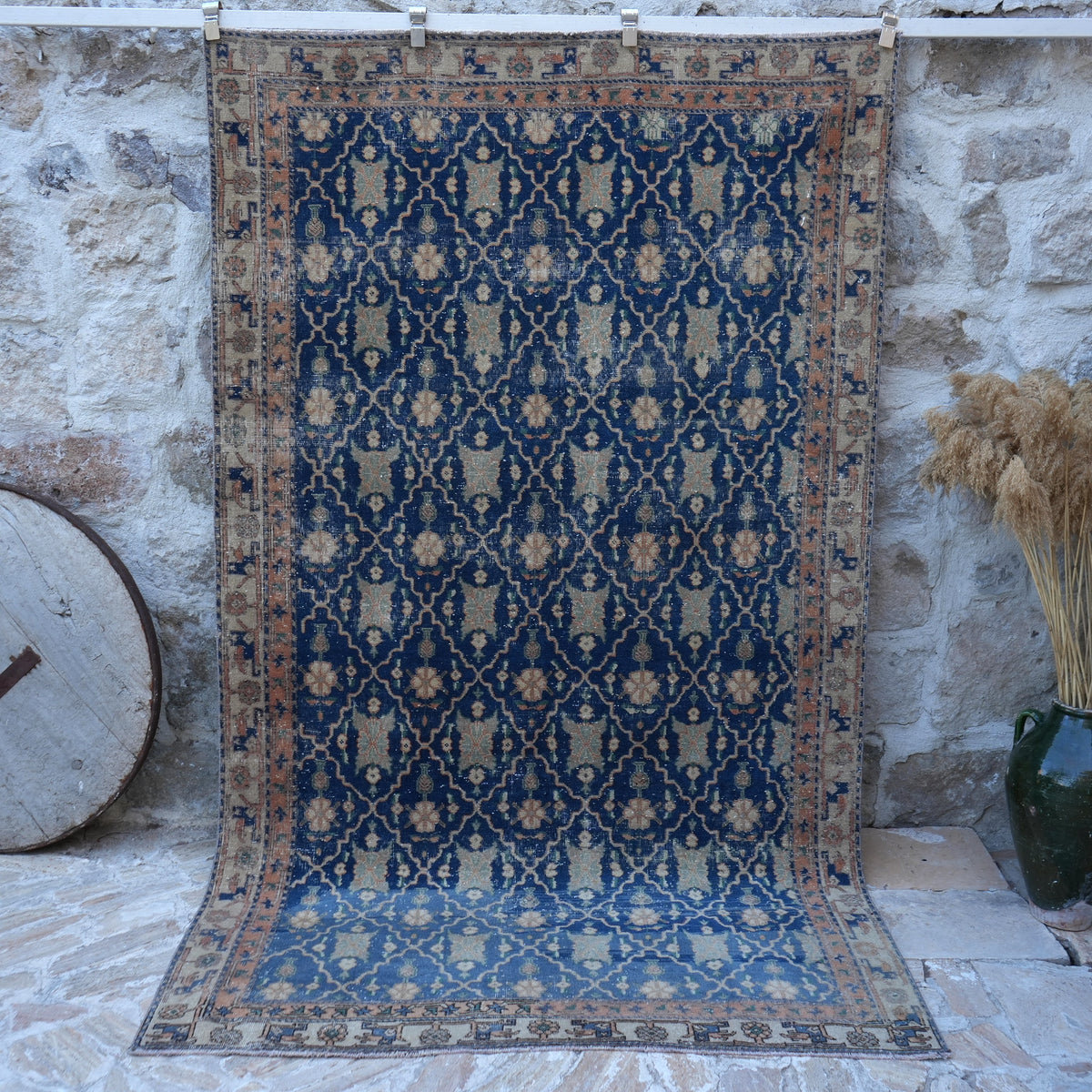 Blue 5' x 9' unique vintage rug with geometric design, handmade in Turkey – Caren.