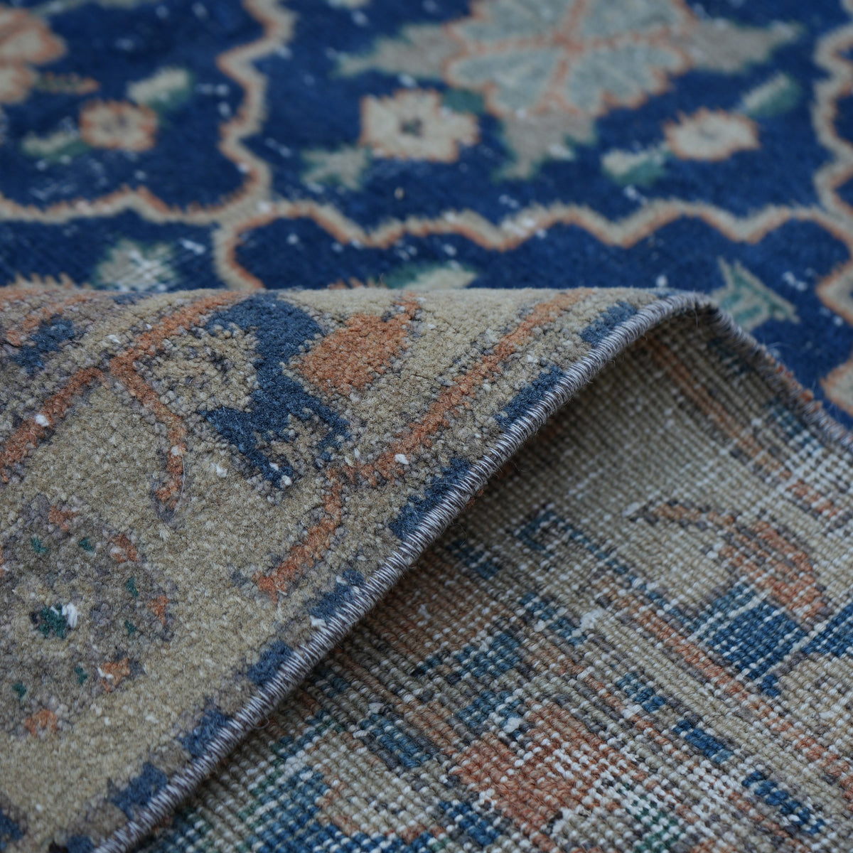 Additional view of the blue Turkish unique vintage rug, hand-knotted in wool and cotton.