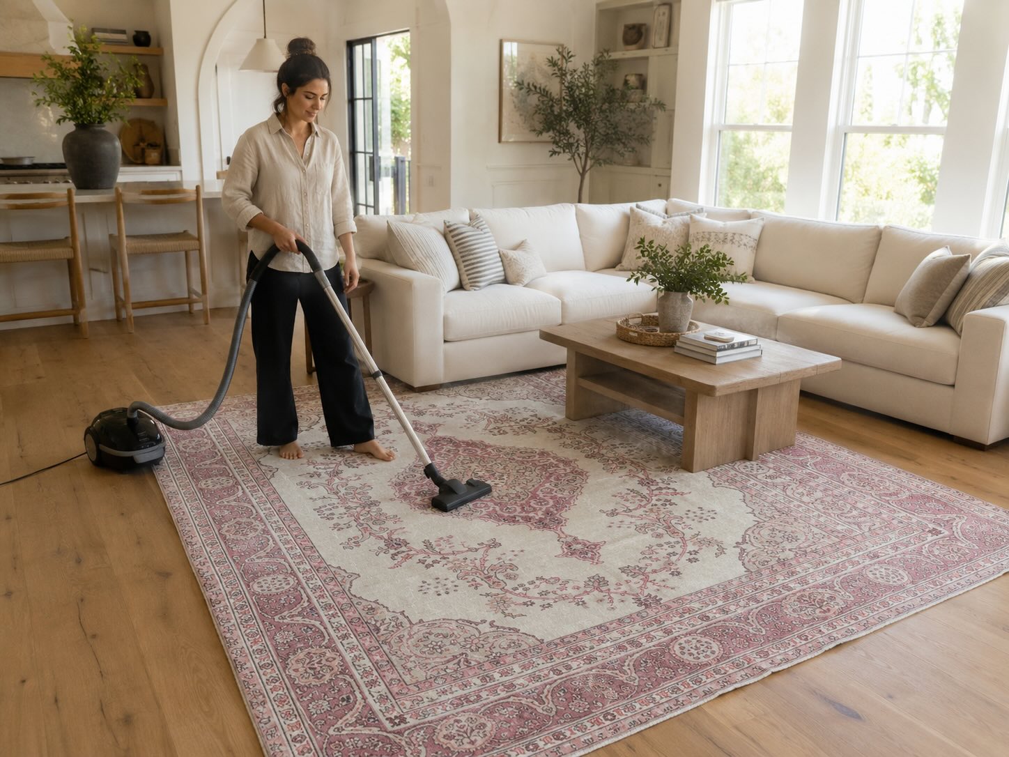 Woman vacuuming a large vintage Turkish Oushak rug with a canister vacuum in a bright open-plan American living room with cream sectional sofa