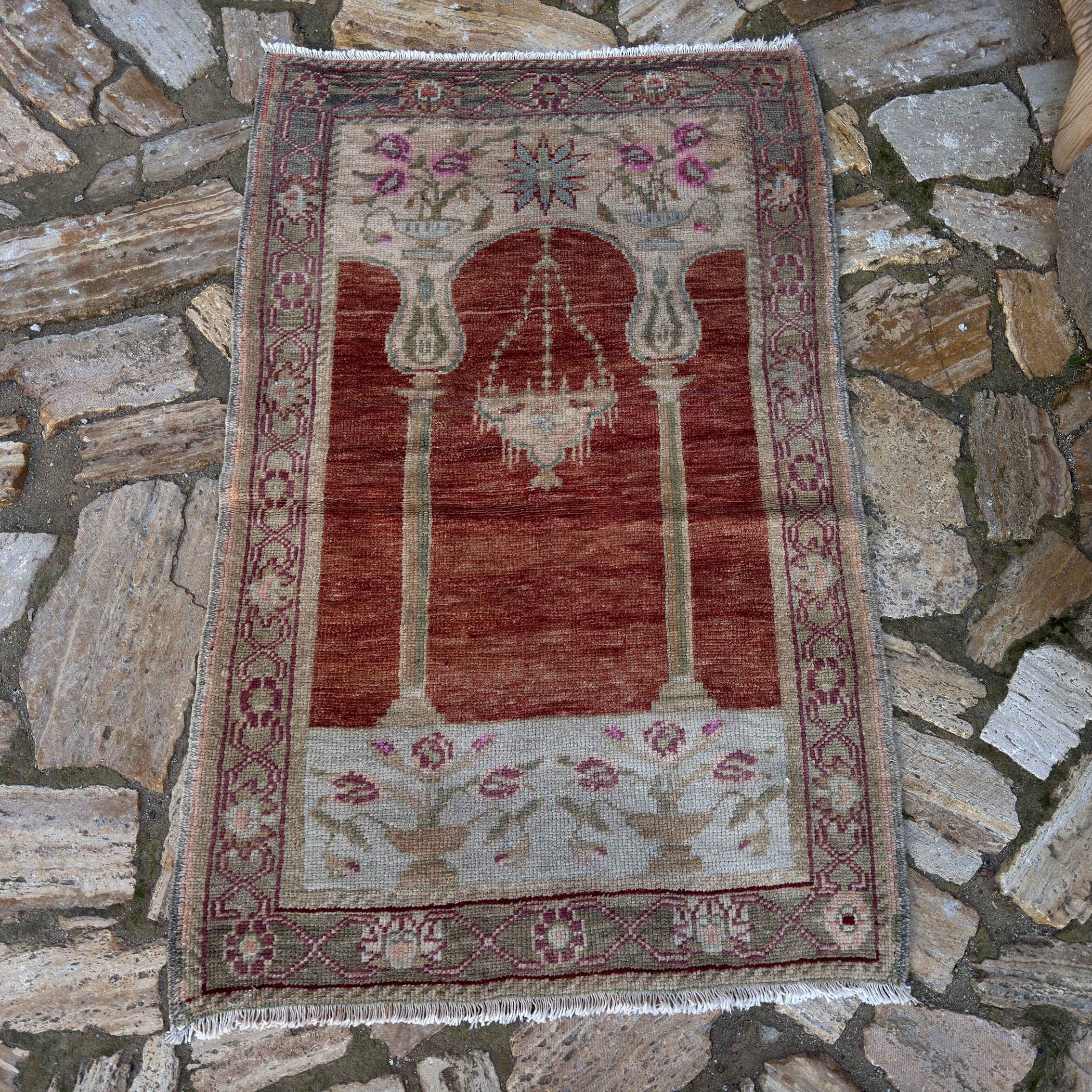 Red 3' x 4' vintage Turkish anatolia rug in wool and cotton, shown on the floor.