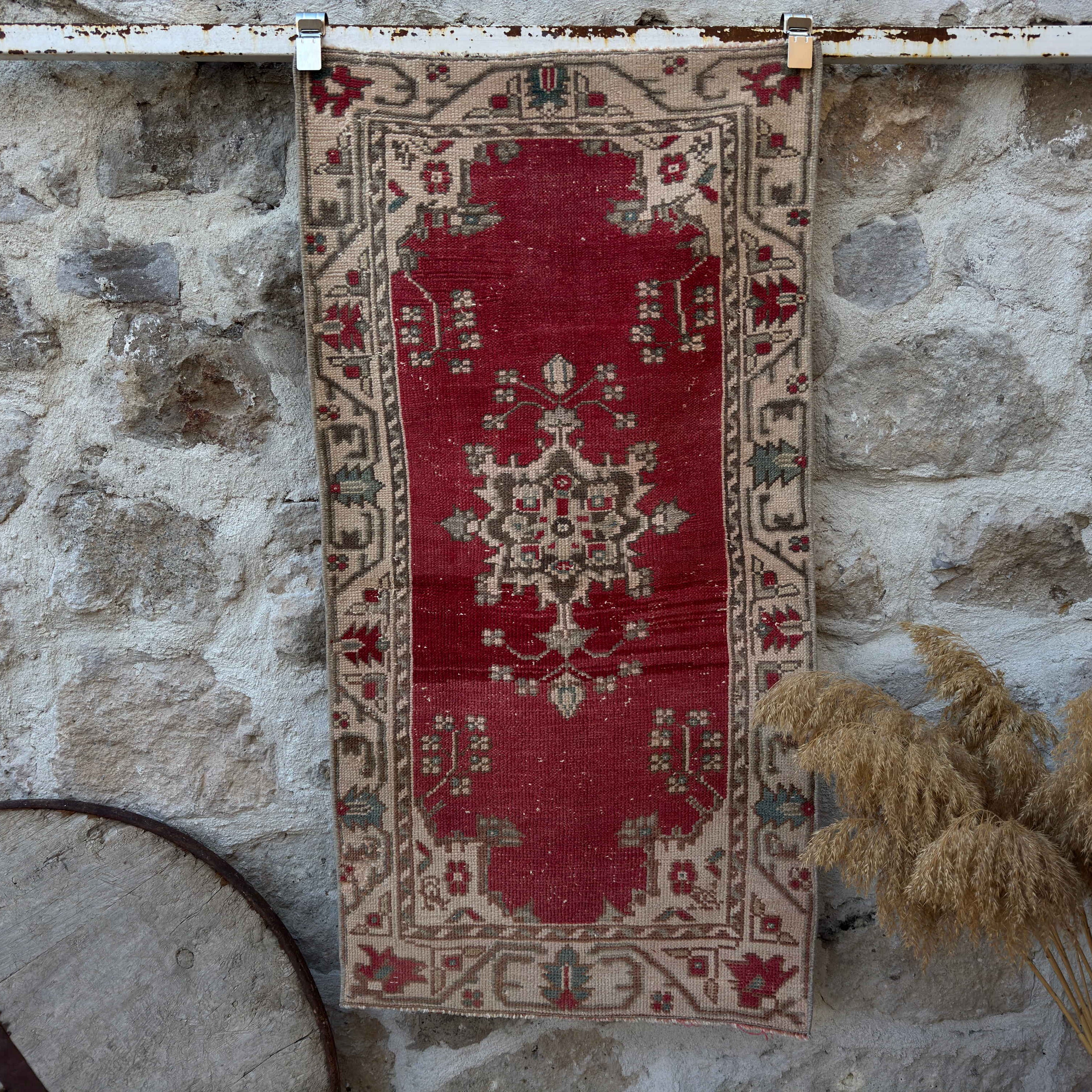 Red 2' x 5' vintage anatolian rug with medallion design, handmade in Turkey – Ares.