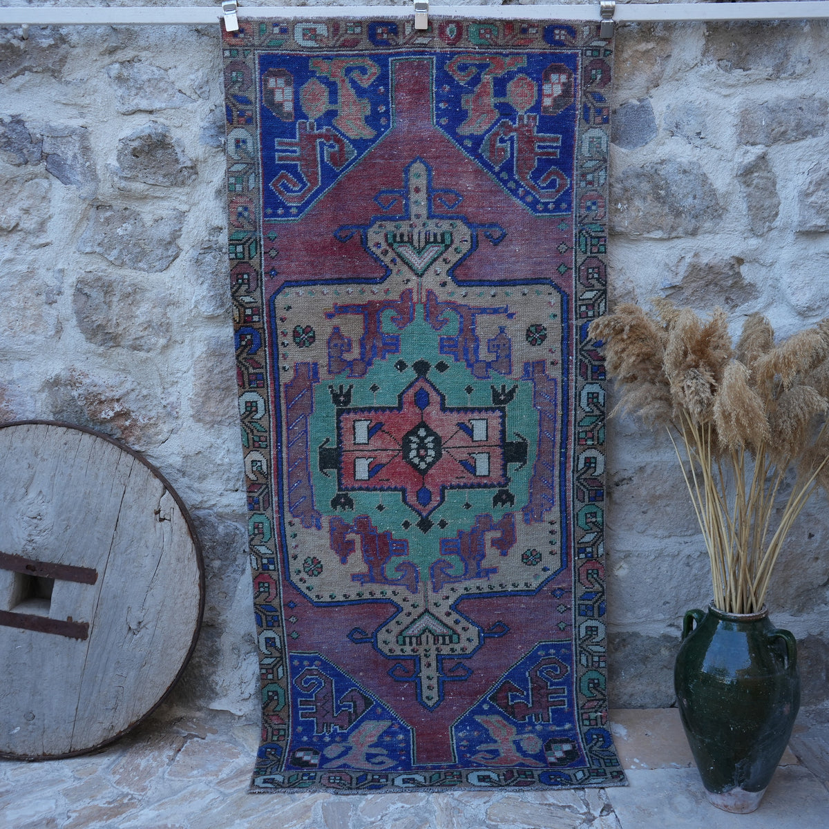 Red 3' x 7' vintage anatolian rug with traditional design, handmade in Turkey – Grayce.