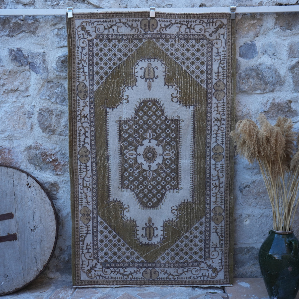 Olive Green 4' x 7' vintage anatolian rug with traditional design, handmade in Turkey – Kathi.