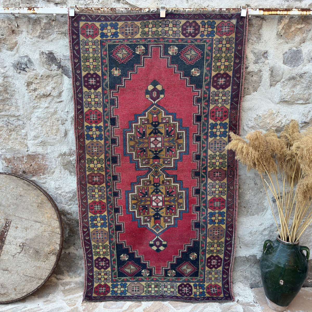 Red 4' x 7' vintage anatolian rug with traditional design, handmade in Turkey – Jodi.