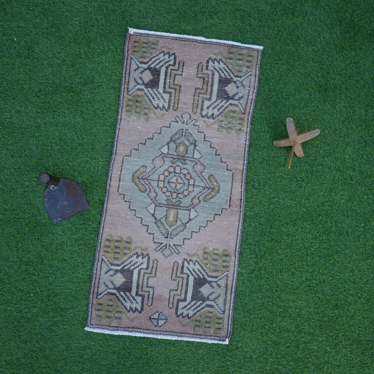Pale Red 1' x 3' vintage area rug with traditional design, handmade in Turkey – Dewi.