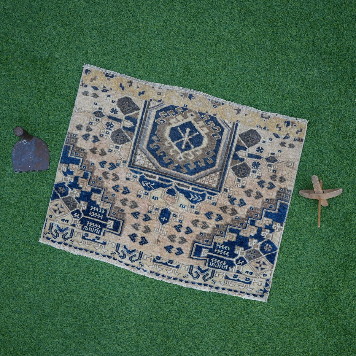 Blue 2' x 3' vintage area rug with traditional design, handmade in Turkey – Dart.