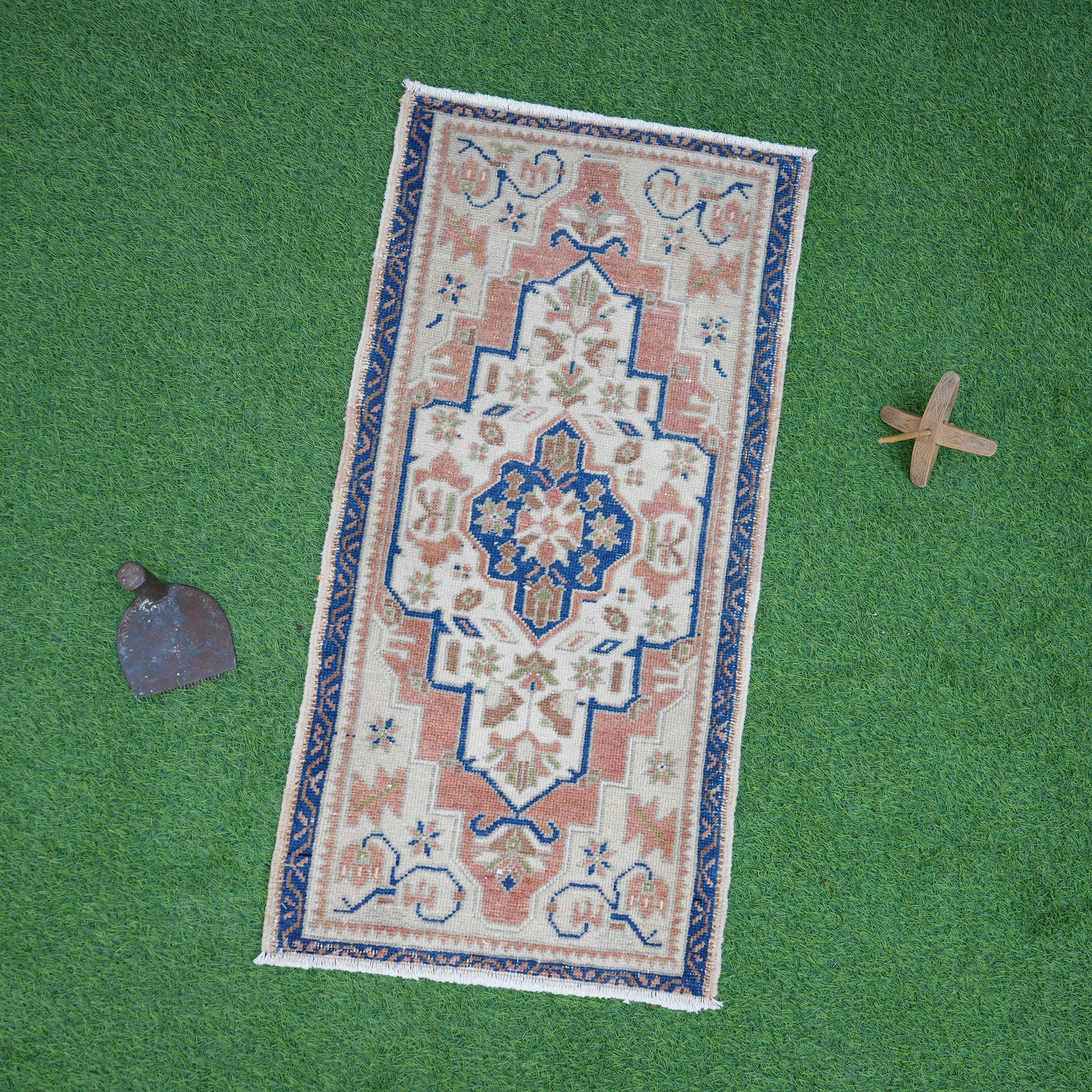 Blue 2' x 3' vintage area rug with traditional design, handmade in Turkey – Malcolm.