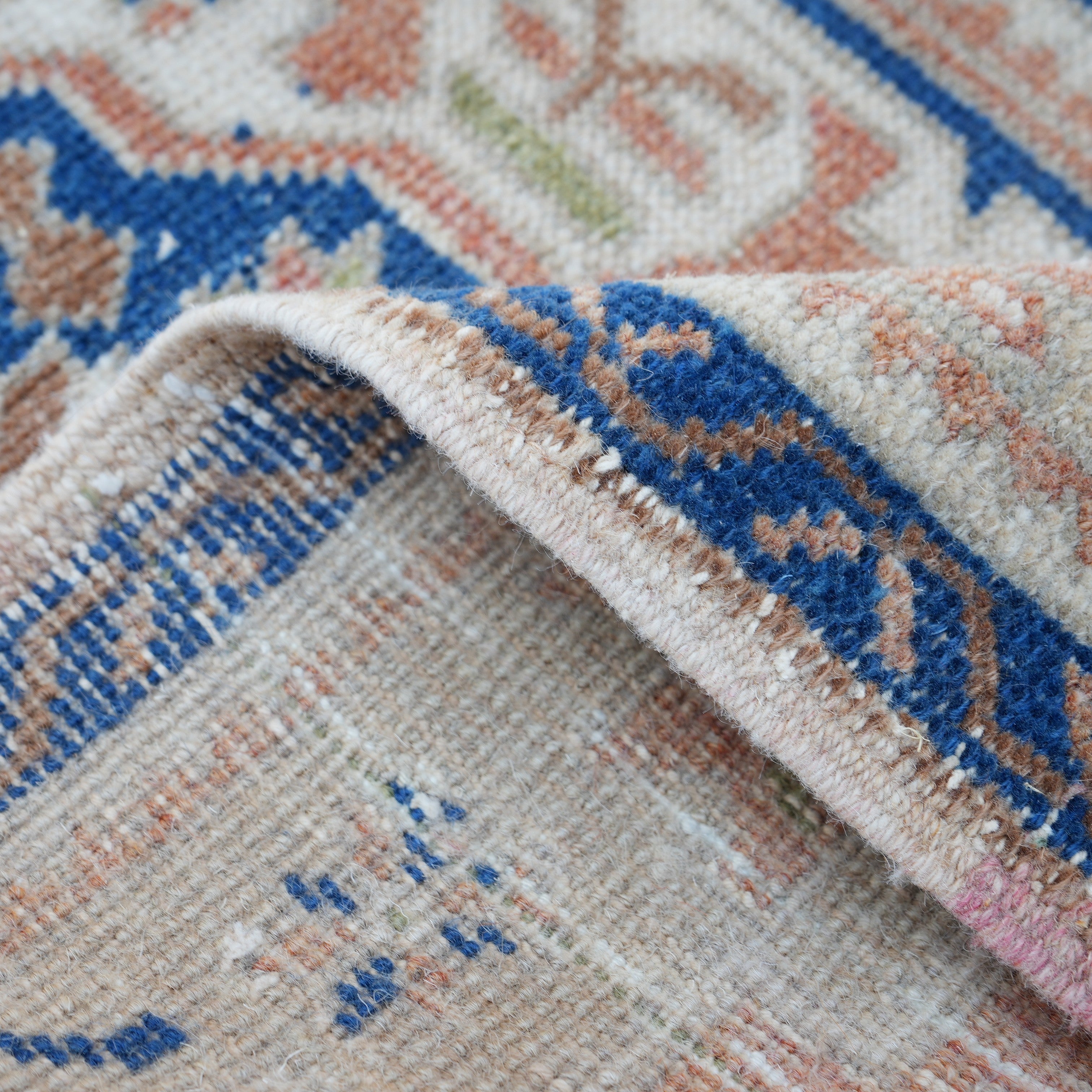 1970s blue vintage Turkish area rug with traditional design, hand-knotted weave and low pile.