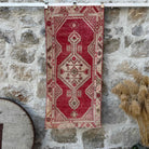 Red 2' x 5' vintage area rug with geometric design, handmade in Turkey – Ricky.