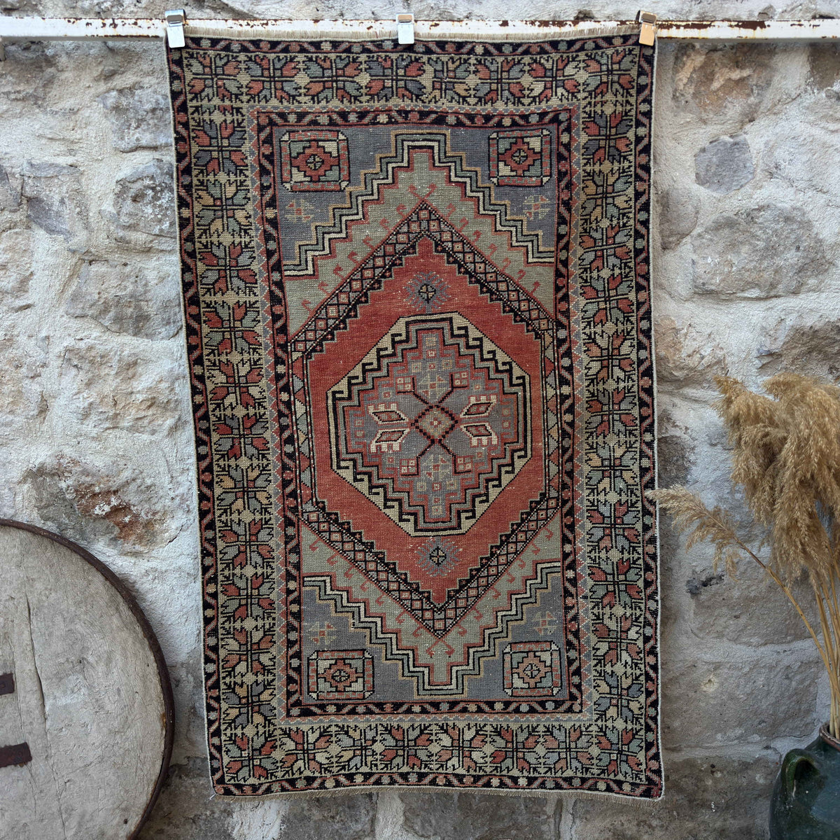 Red 3' x 6' vintage area rug with traditional design, handmade in Turkey – Lowen.