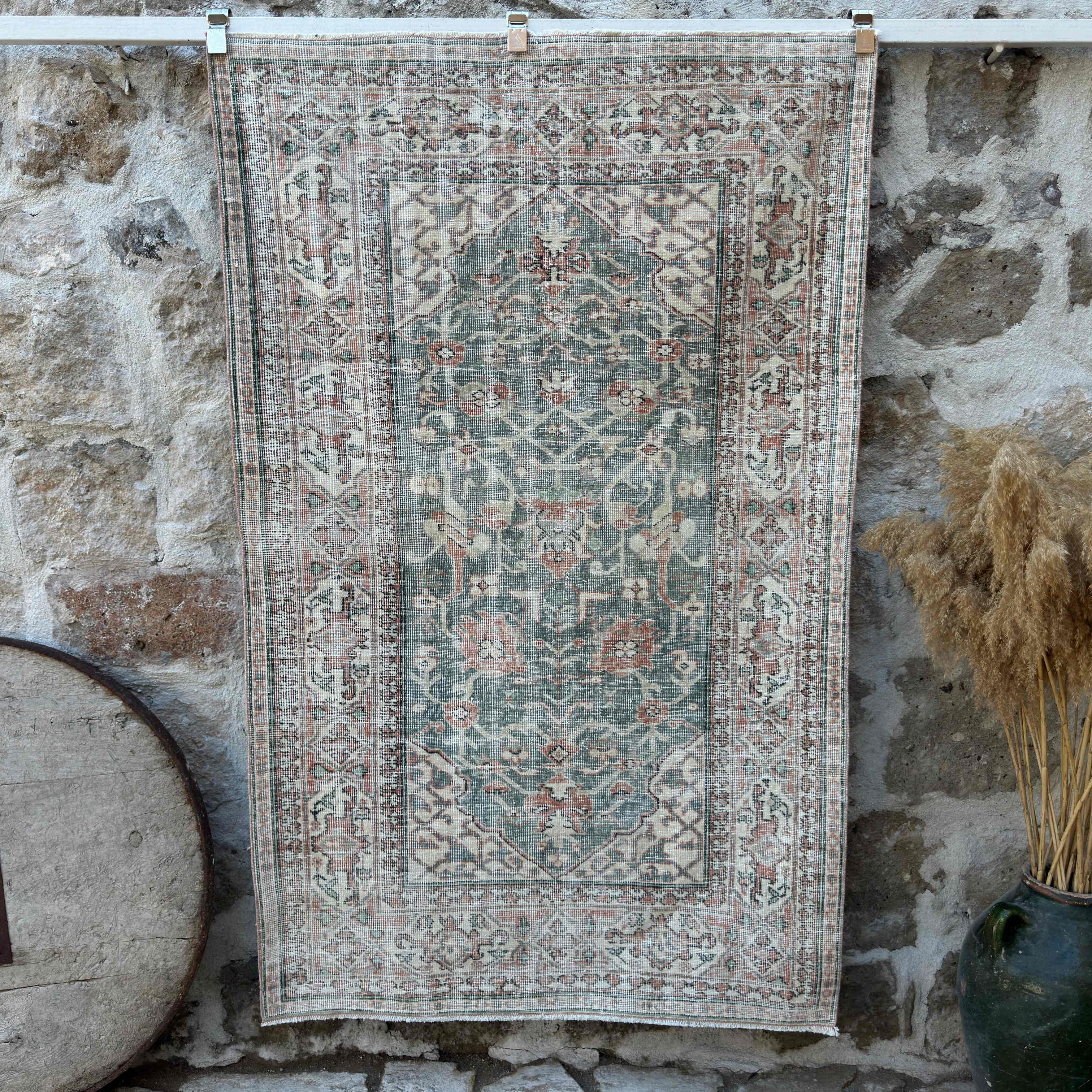 Green 4' x 6' vintage area rug with floral design, handmade in Turkey – Bella.