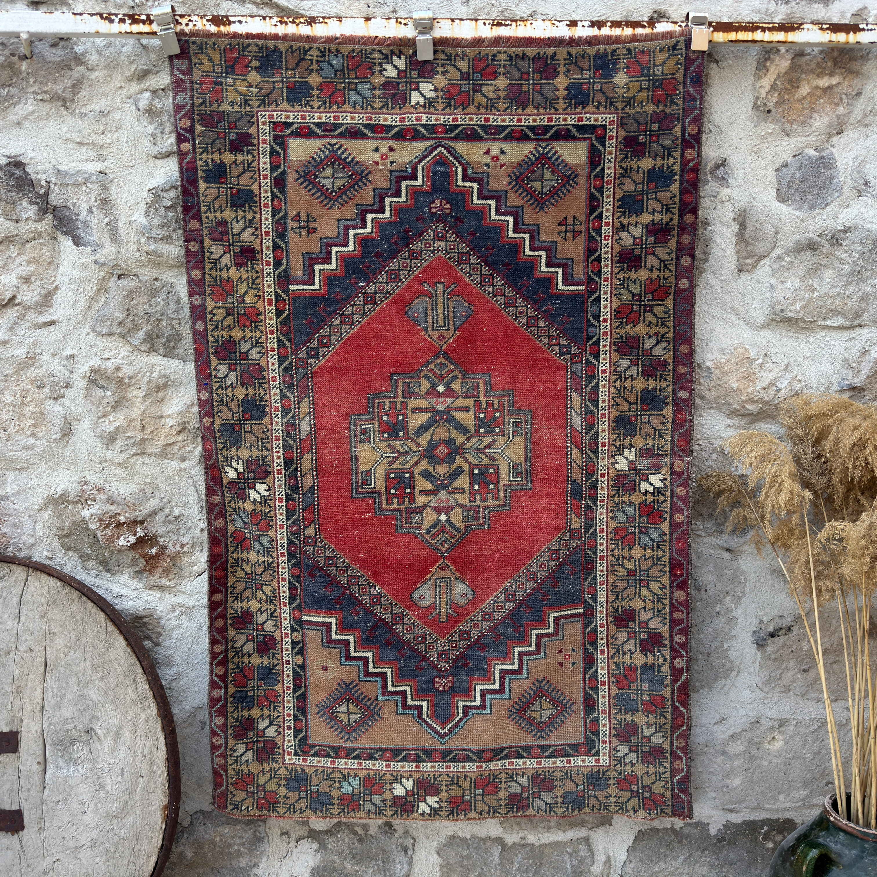 Red 4' x 6' vintage area rug with traditional design, handmade in Turkey – Berna.