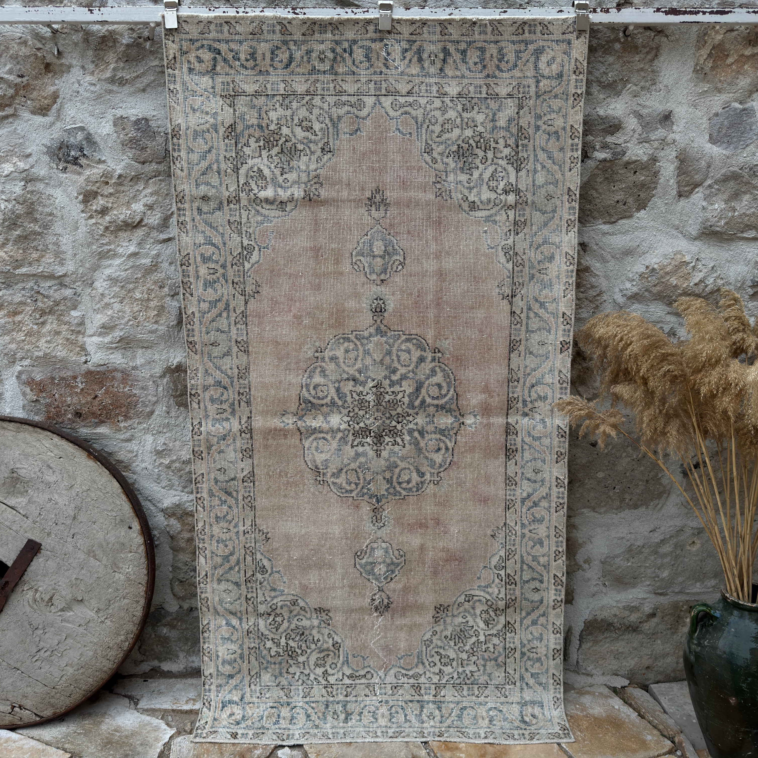 Pale Blue 4' x 7' vintage area rug with neutral design, handmade in Turkey – Seth.