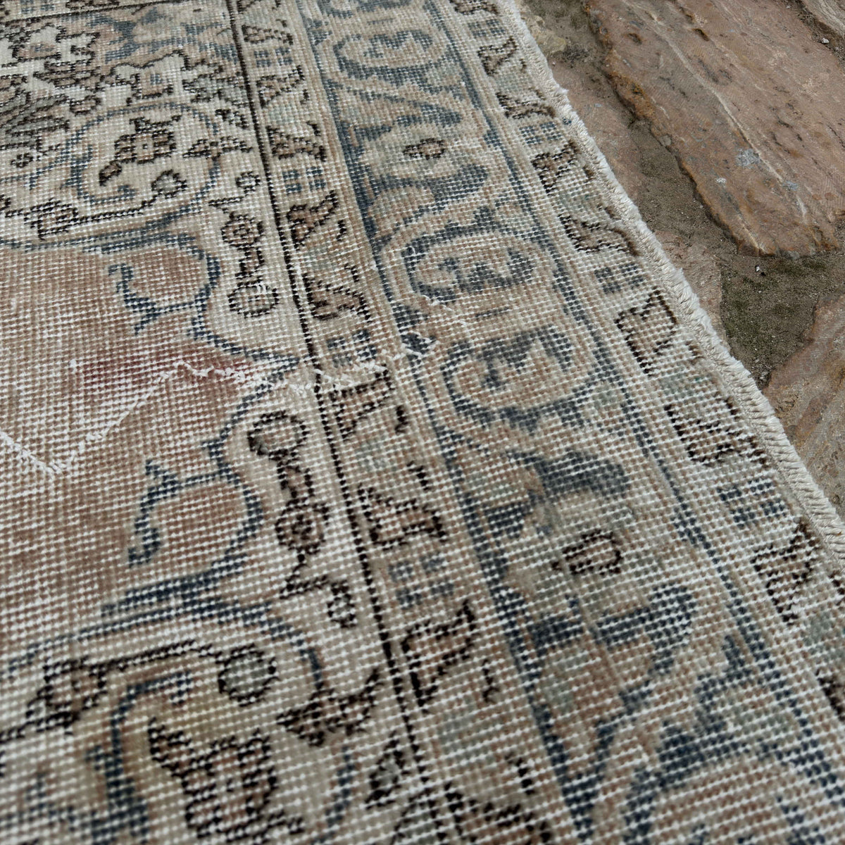 1970s pale blue vintage Turkish area rug with neutral design, hand-knotted weave and low pile.