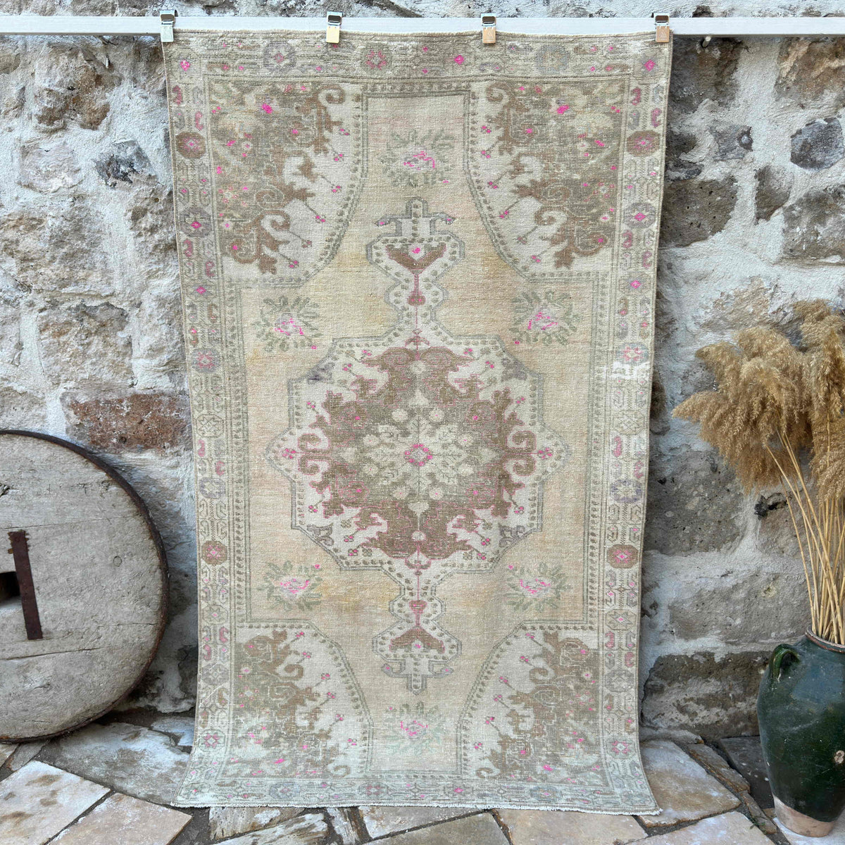 Pale Yellow 4' x 7' vintage area rug with neutral design, handmade in Turkey – Kenley.