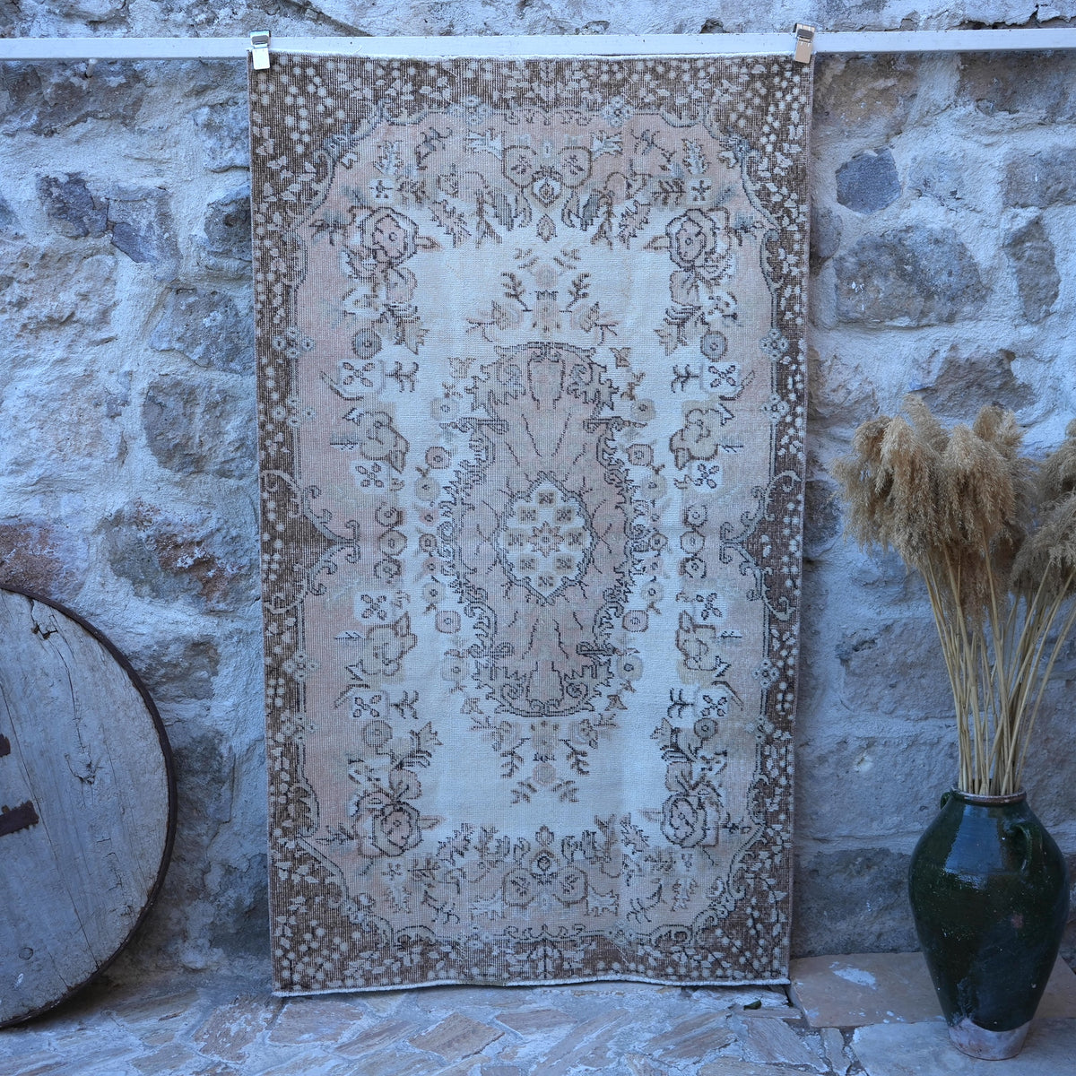 Pink 4' x 7' vintage area rug with traditional design, handmade in Turkey – Melania.
