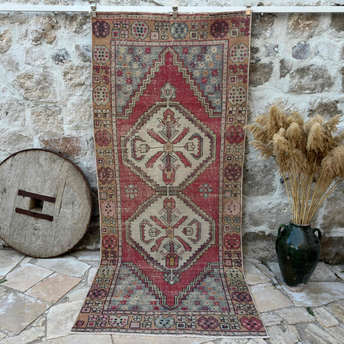 Red 4' x 9' vintage area rug with traditional design, handmade in Turkey – Micah.
