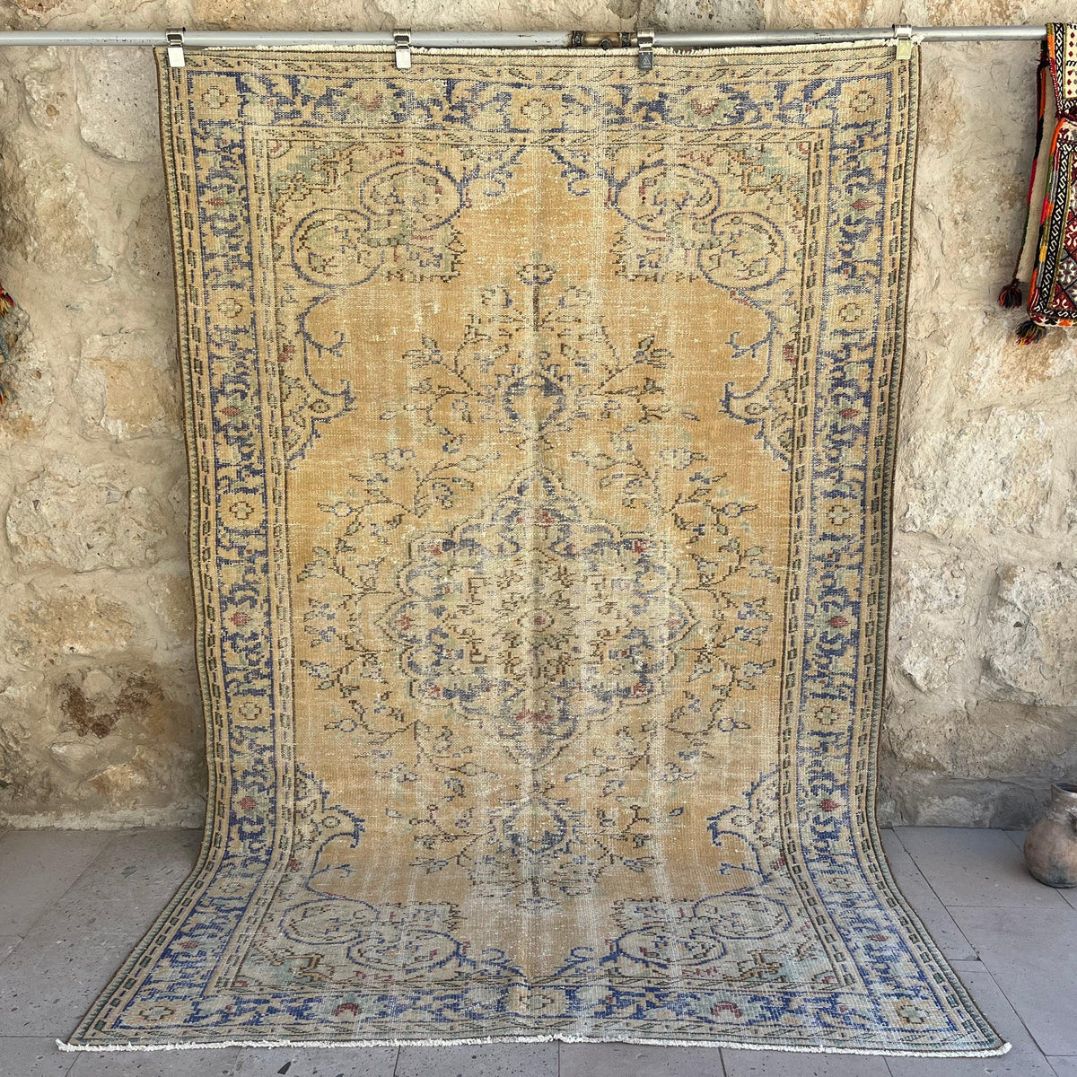 Blue 6' x 9' vintage area rug with medallion design, handmade in Turkey – Rhett.