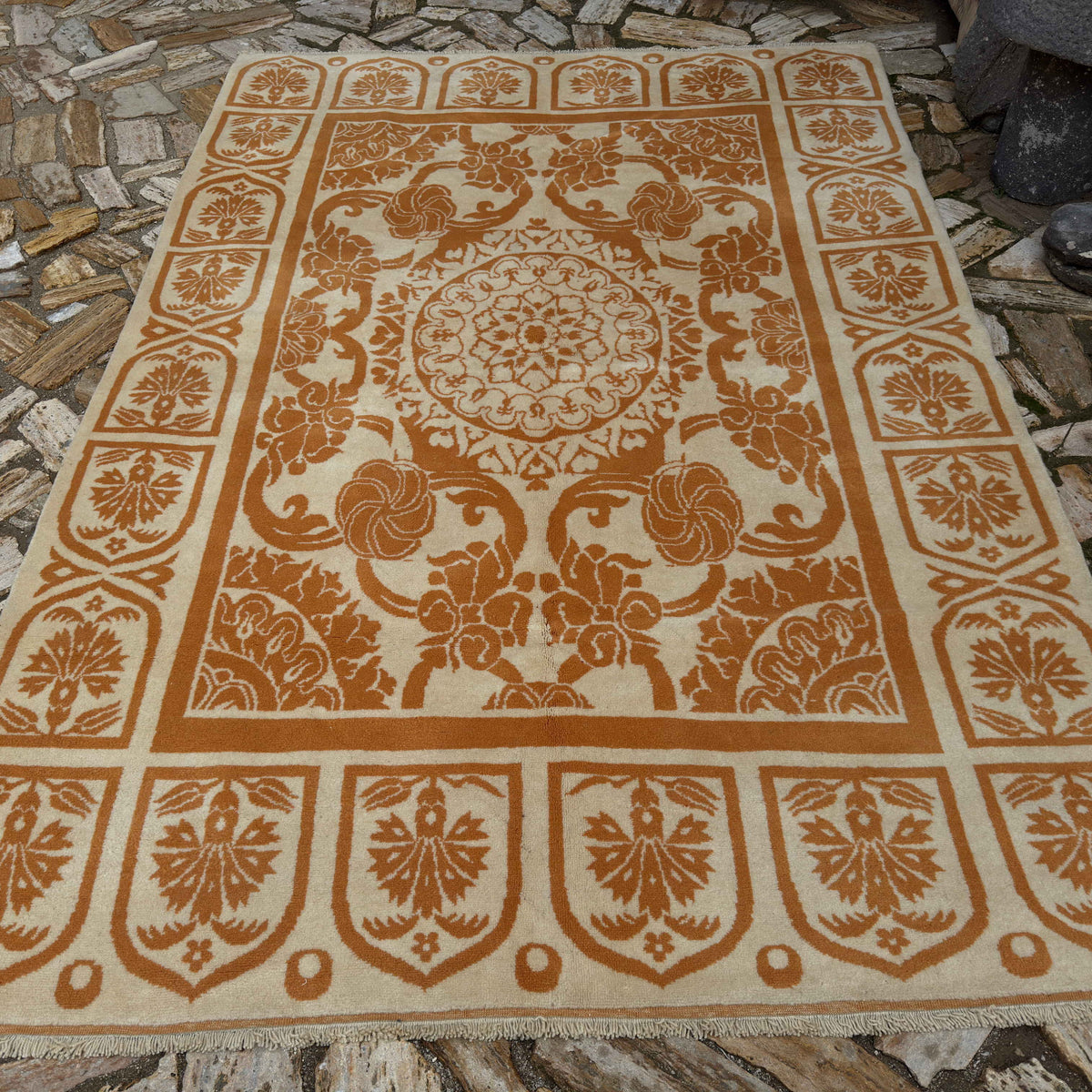Pale Orange 6' x 9' vintage Turkish art deco rug in wool and cotton, shown on the floor.