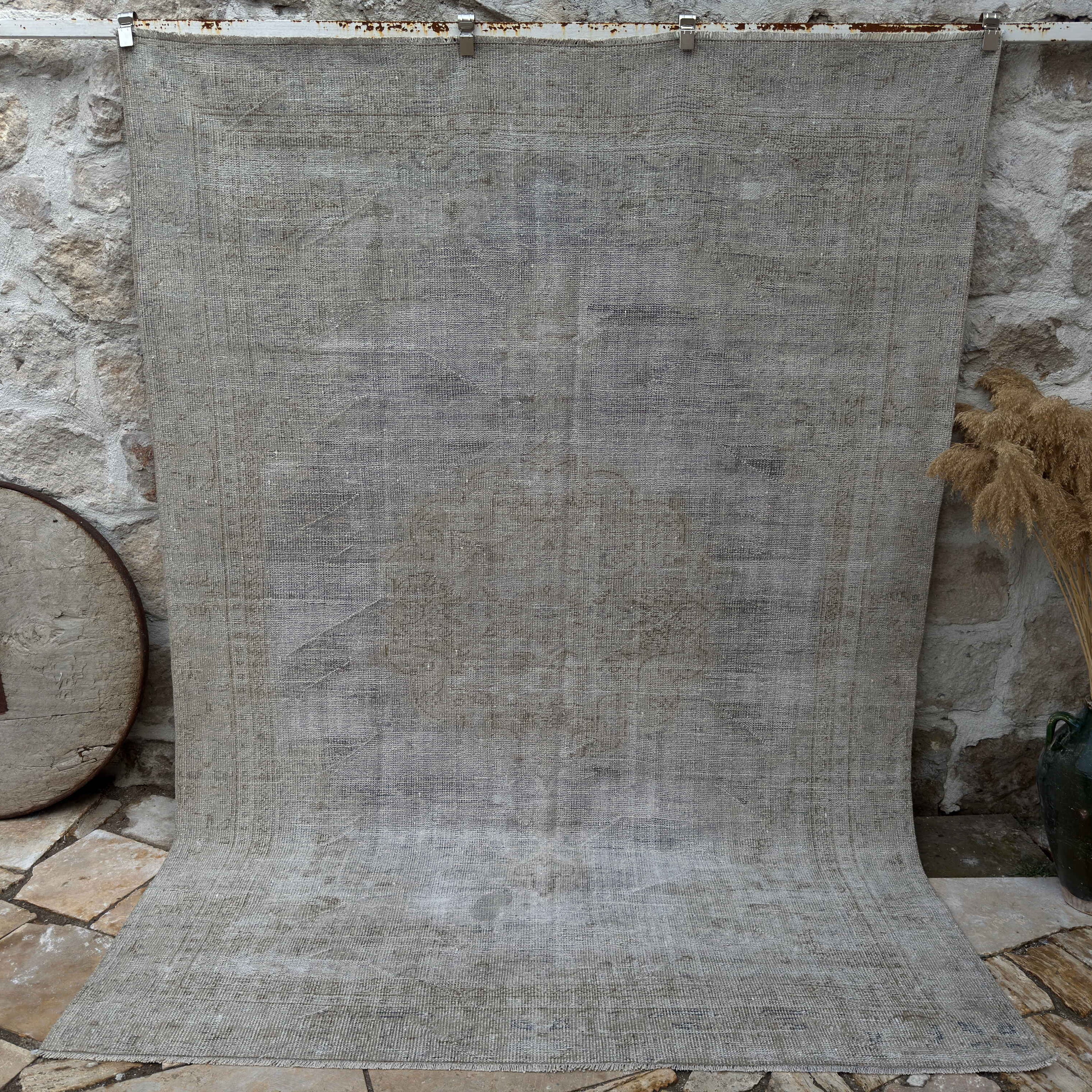 Pale Gray 7' x 9' vintage distressed carpet with neutral design, handmade in Turkey – Swan.