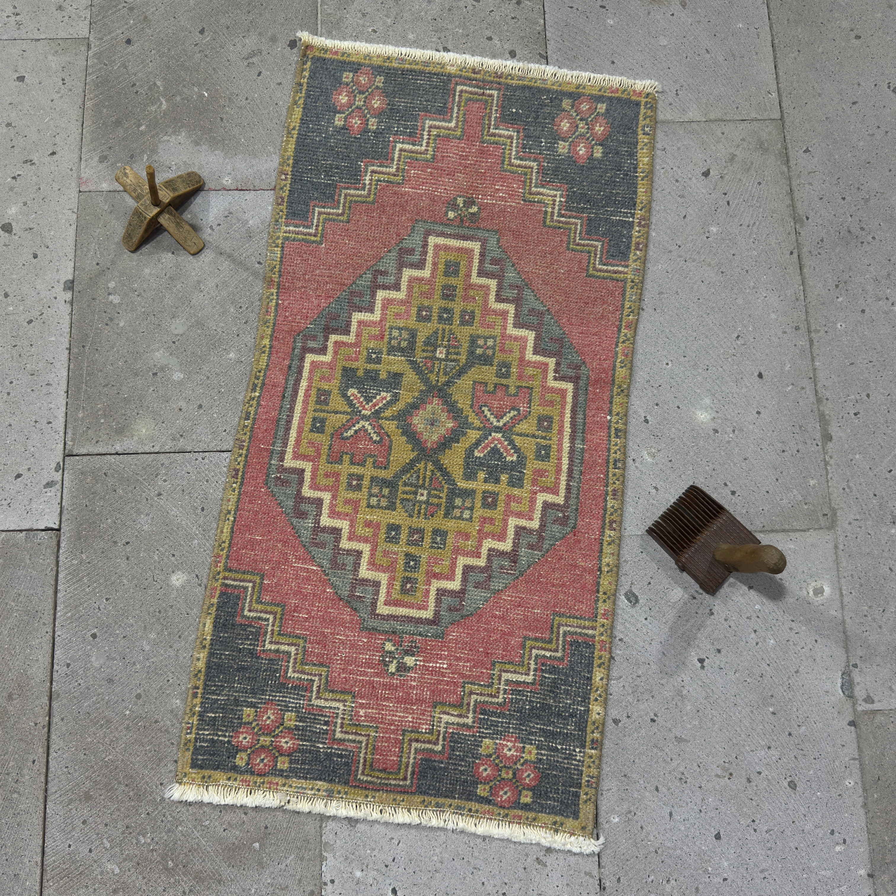 Red 1' x 3' vintage distressed rug with traditional design, handmade in Turkey – Kelsy.