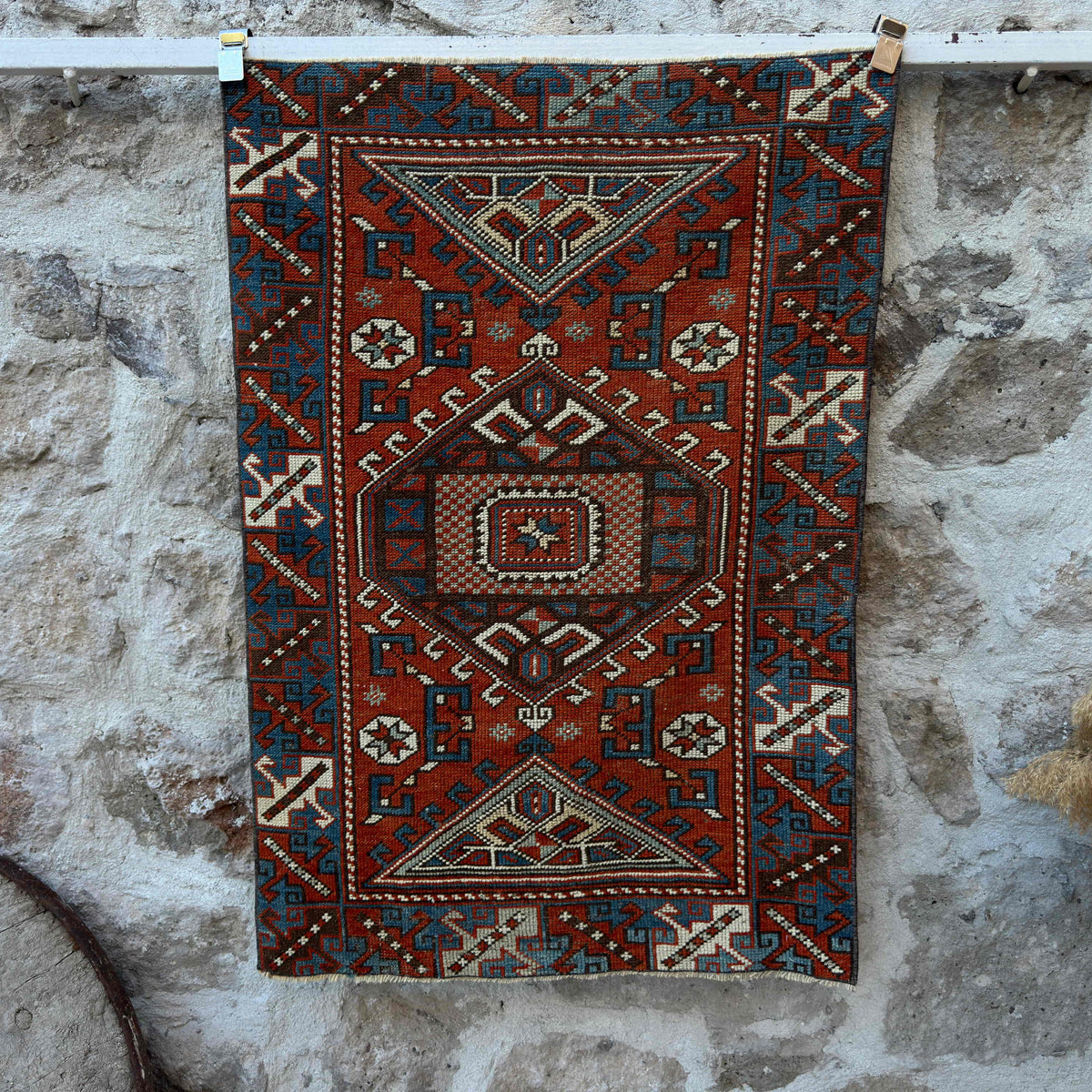 Red 3' x 4' vintage distressed rug with traditional design, handmade in Turkey – Arian.