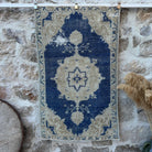 Blue 3' x 5' vintage distressed rug with traditional design, handmade in Turkey – Manahil.