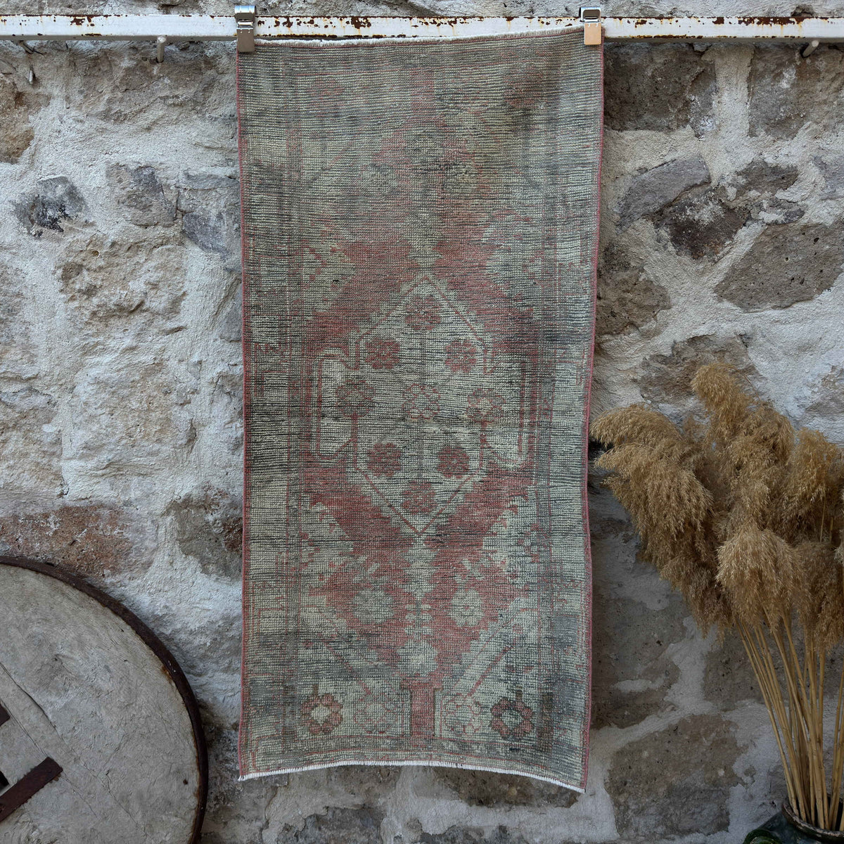 Red 3' x 5' vintage distressed rug with traditional design, handmade in Turkey – Rosa.
