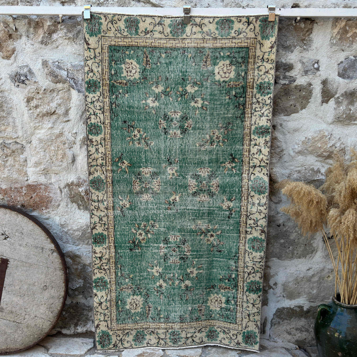 Green 4' x 6' vintage distressed rug with traditional design, handmade in Turkey – Gilbert.