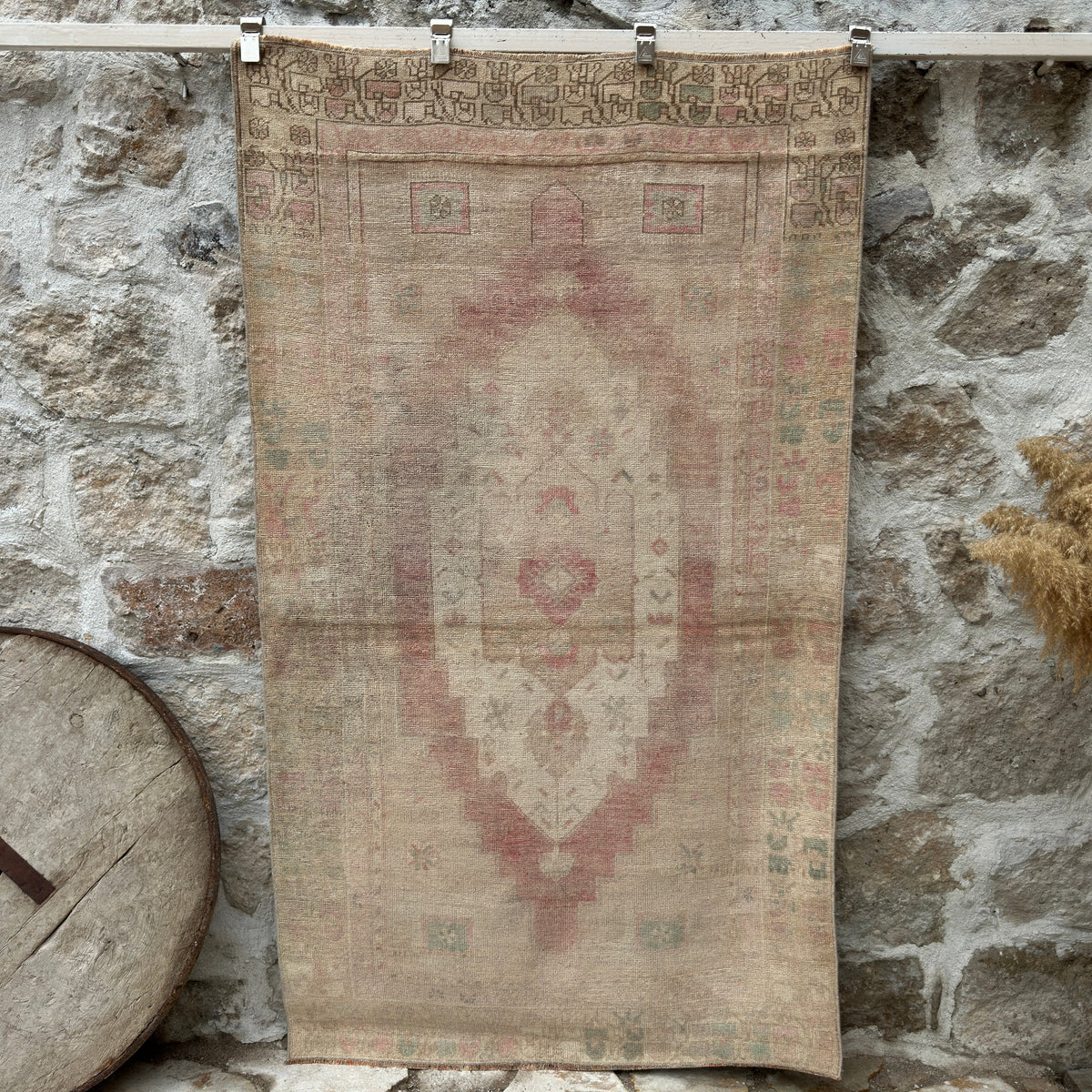 Beige 4' x 7' vintage distressed rug with medallion design, handmade in Turkey – Corbin.