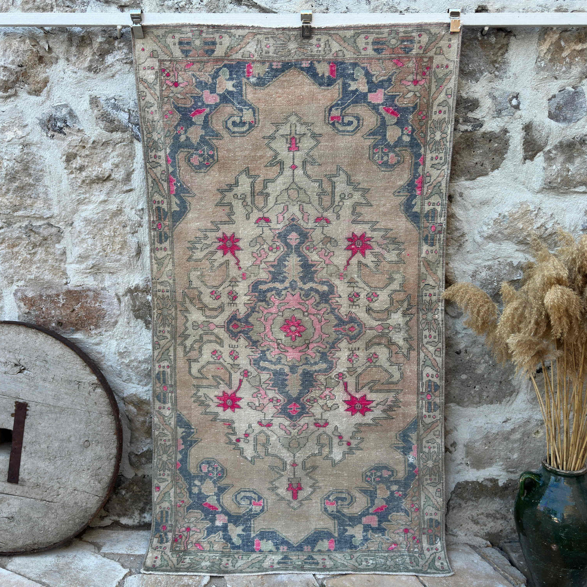 Beige 4' x 7' vintage distressed rug with traditional design, handmade in Turkey – Evelina.