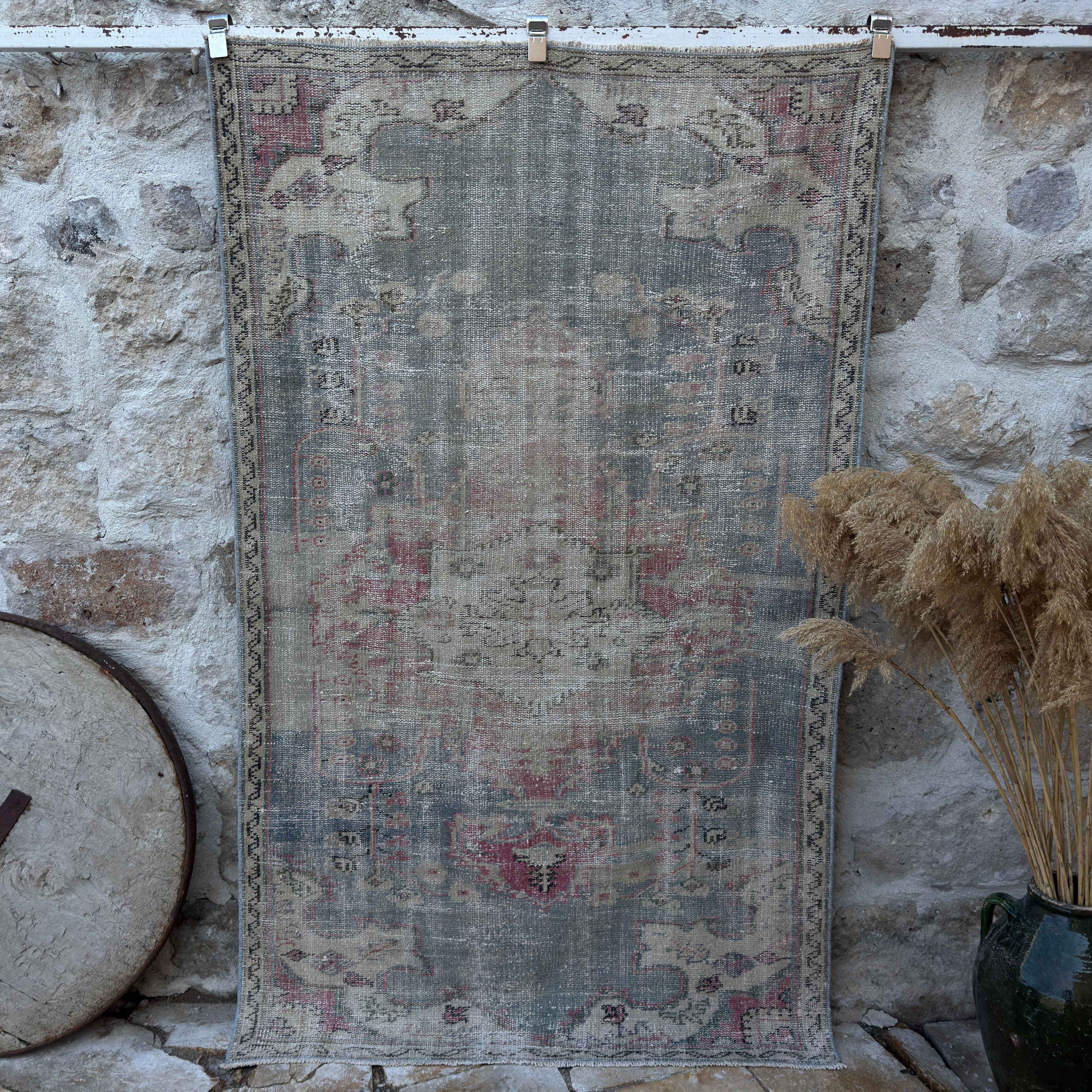 Blue 4' x 7' vintage distressed rug with medallion design, handmade in Turkey – Alvin.