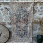 Blue 4' x 7' vintage distressed rug with neutral design, handmade in Turkey – Lynn.