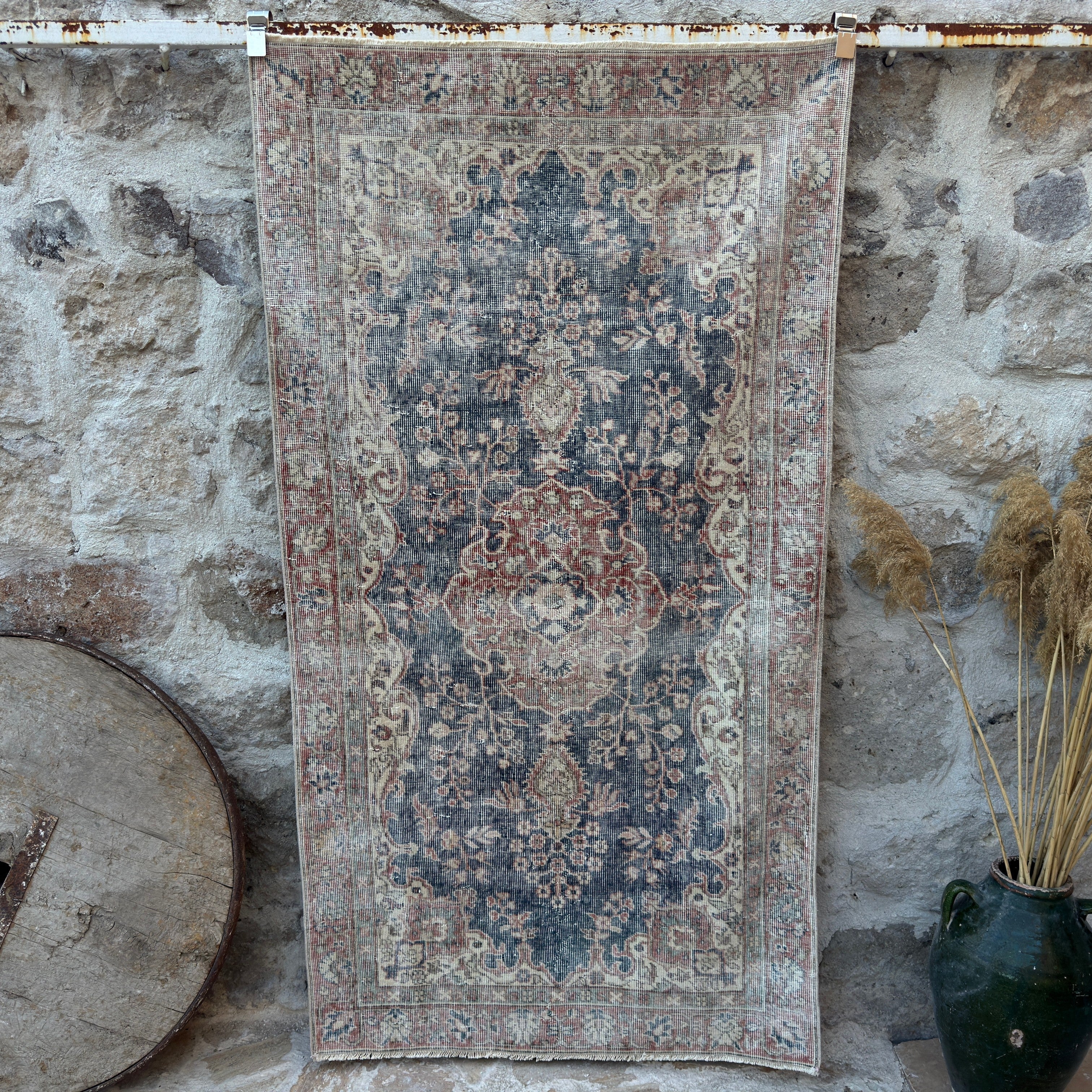 Blue 4' x 7' vintage distressed rug with neutral design, handmade in Turkey – Lynn.