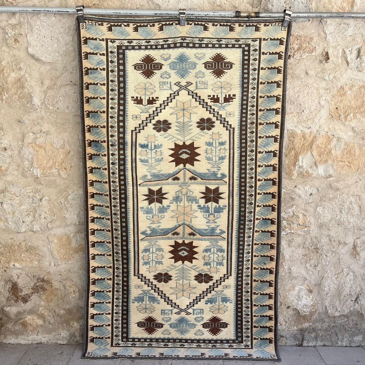 Blue 4' x 7' vintage distressed rug with traditional design, handmade in Turkey – Shiloh.