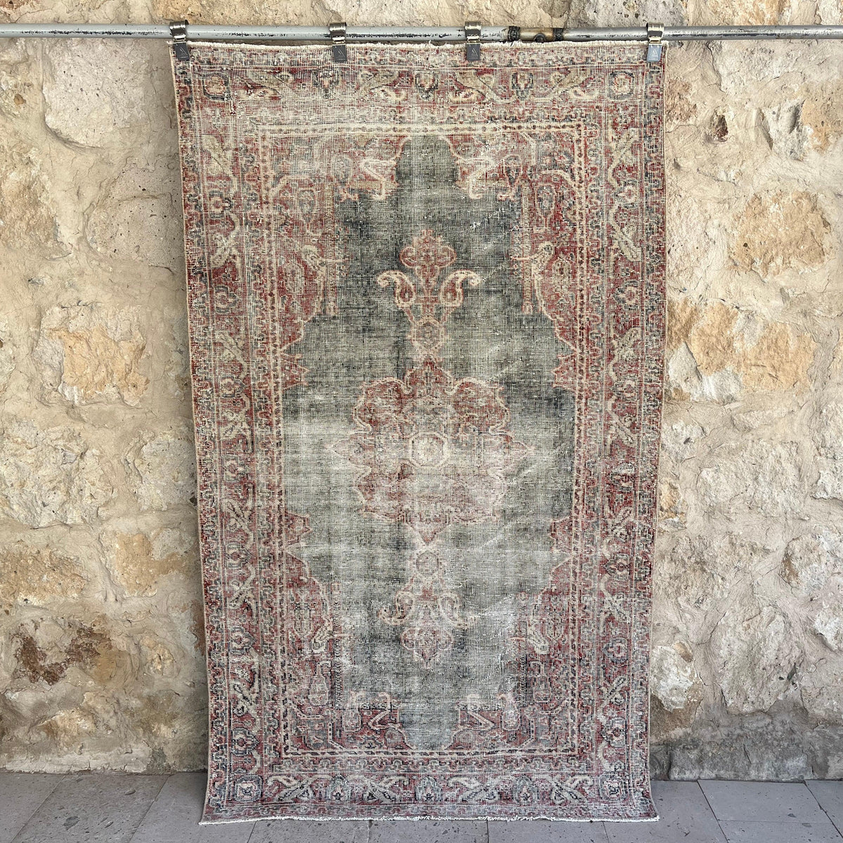 Blue 4' x 7' vintage distressed rug with traditional design, handmade in Turkey – Taha.